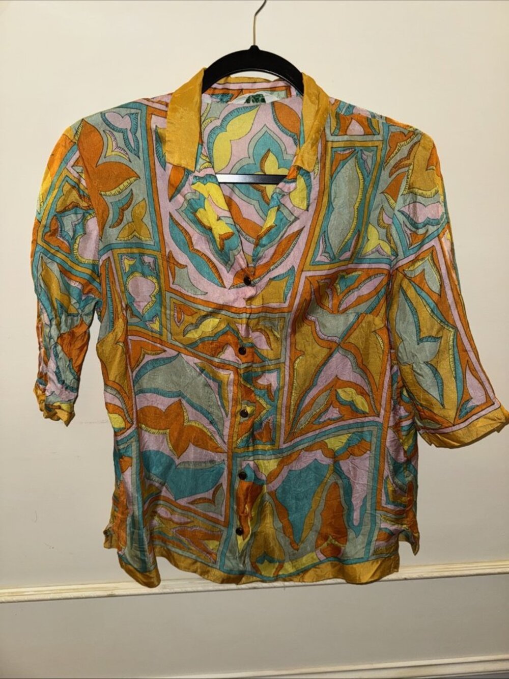 ALEX COLMAN Vintage 60s/70s Women's Psychedelic Print Geo Blouse Shirt - L (med)